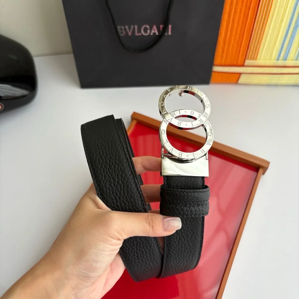 Bulgari Black Leather Belt with Silver Double Circle Buckle